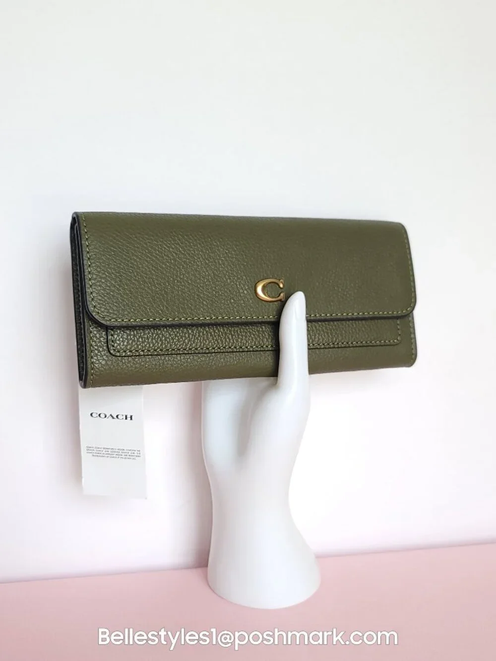 COACH Mila Pebbled Leather Long Flap Wallet- Olive color🎈